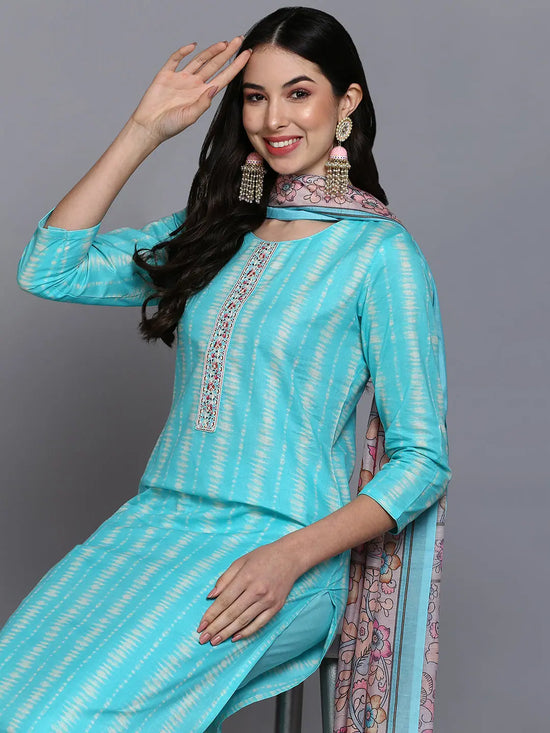 Cotton Turquoise Blue Printed Straight Kurta Pant