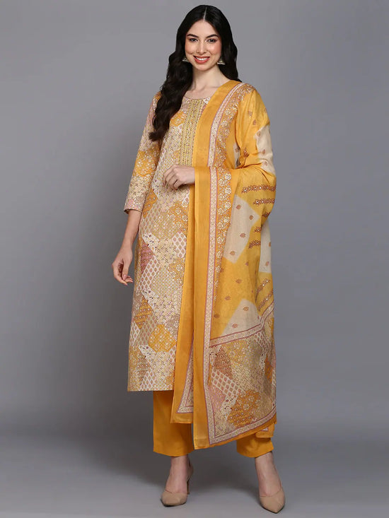 Cotton Mustard Printed Straight Kurta Pant With