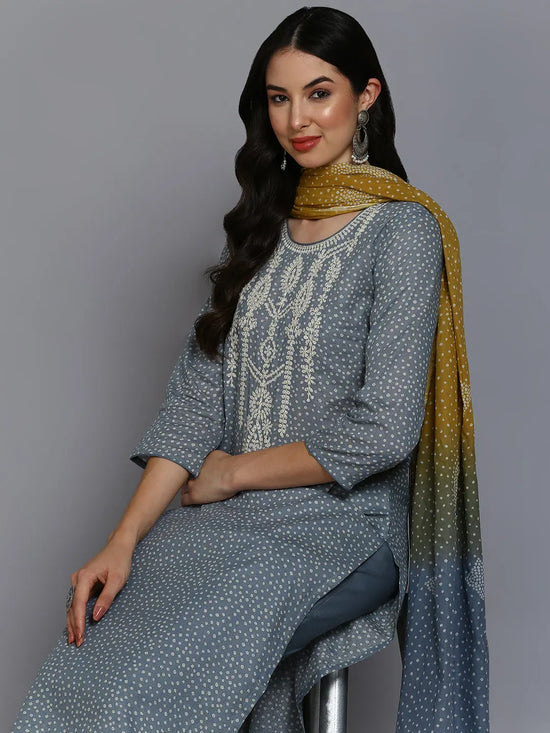 Cotton Grey Embroidered Straight Kurta Pant With-VKSKD1873_XS