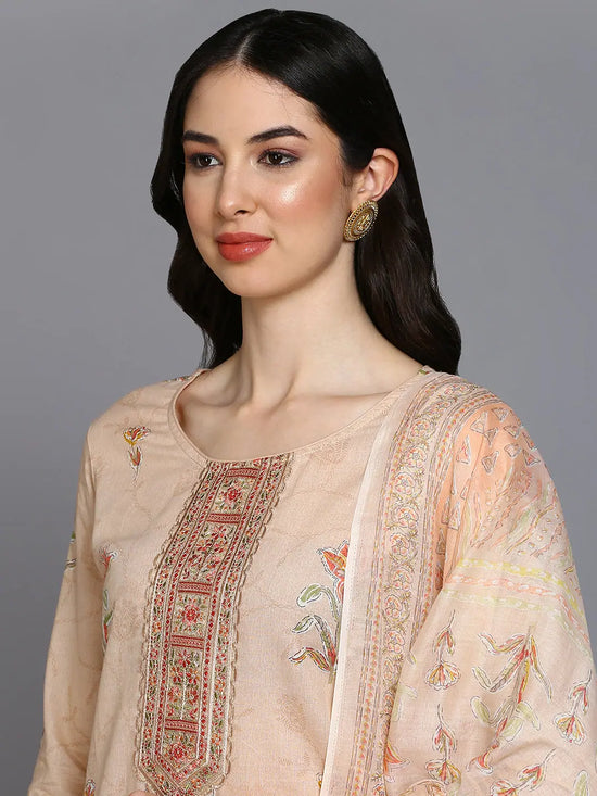 Cotton Blend Nude Printed Straight Kurta Pant-VKSKD1887_XS