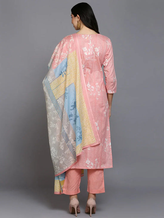 Cotton Blend Peach Printed Straight Kurta Pant-VKSKD1879_XS