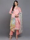 Cotton Blend Peach Printed Straight Kurta Pant-VKSKD1879_XS