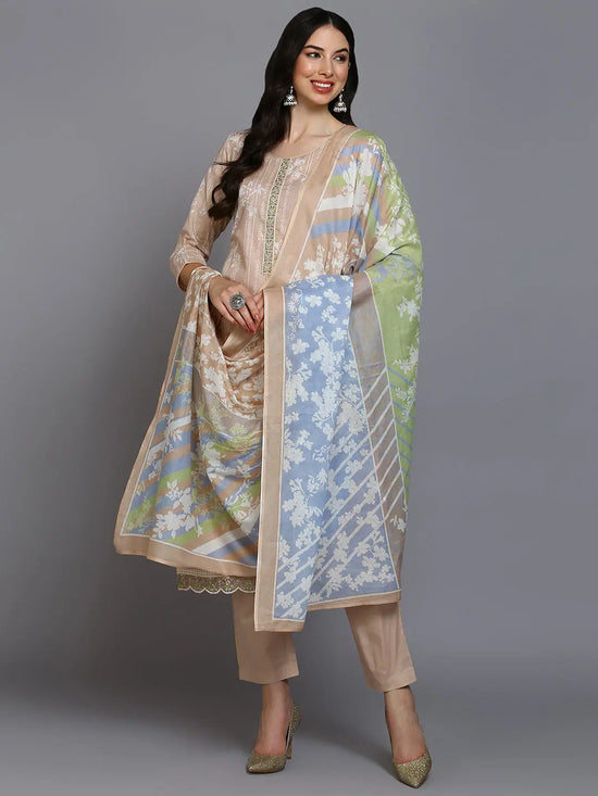 Cotton Blend Nude Printed Straight Kurta Pant-VKSKD1882_XS