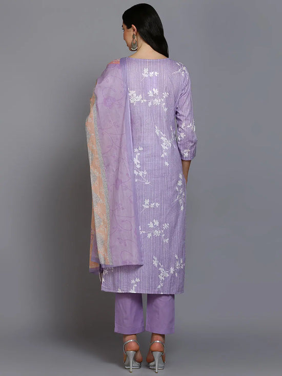 Cotton Blend Lavender Printed Straight Kurta Pant-VKSKD1881_XS