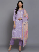 Cotton Blend Lavender Printed Straight Kurta Pant-VKSKD1881_XS