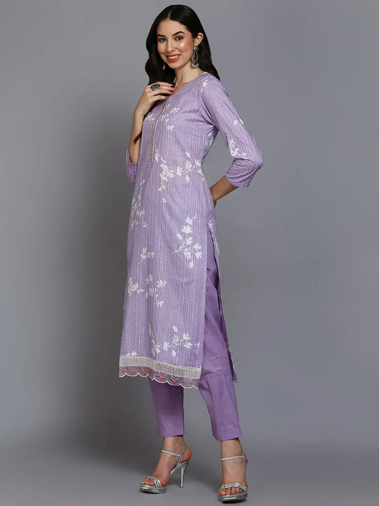 Cotton Blend Lavender Printed Straight Kurta Pant-VKSKD1881_XS