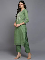 Cotton Green Embroidered Straight Kurta Pant With-VKSKD1874_XS