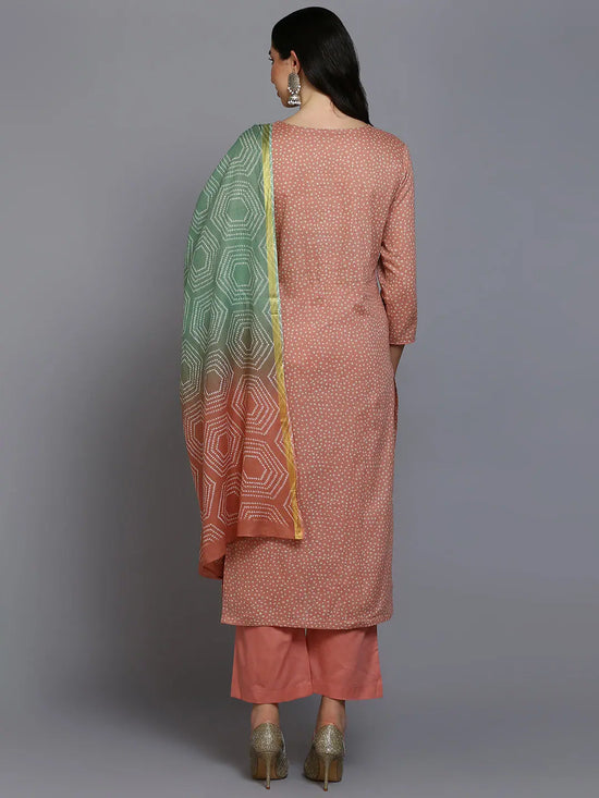 Cotton Peach Bandhani Printed Straight Kurta Pant