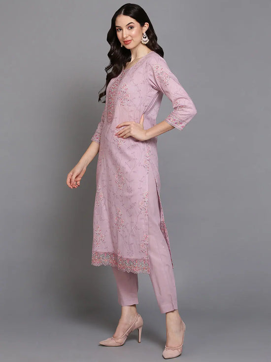 Cotton Blend Lavender Printed Straight Kurta Pant-VKSKD1893_XS