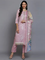 Cotton Blend Pink Printed Straight Kurta Pant-VKSKD1878_XS