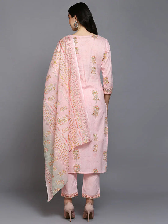 Cotton Blend Pink Printed Straight Kurta Pant-VKSKD1889_XS