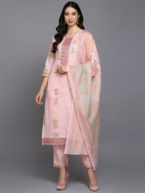 Cotton Blend Pink Printed Straight Kurta Pant-VKSKD1889_XS