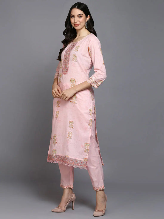 Cotton Blend Pink Printed Straight Kurta Pant-VKSKD1889_XS