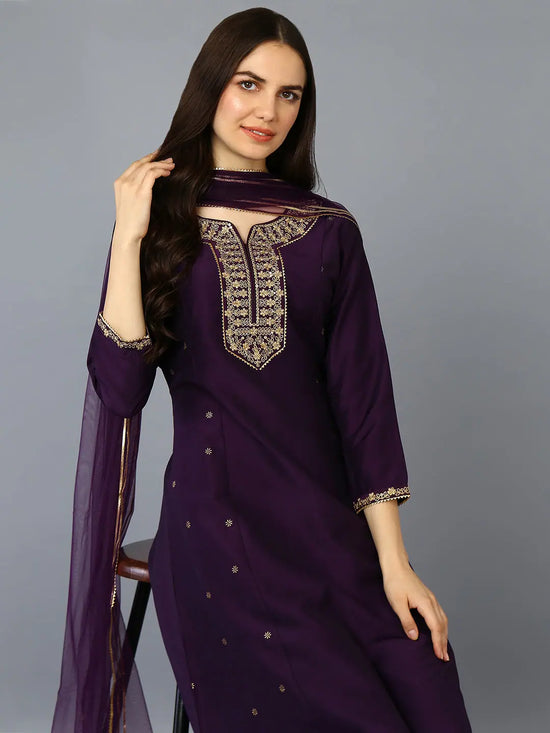 Silk Blend Purple Embroidered Flared Kurta Pant