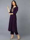 Silk Blend Purple Embroidered Flared Kurta Pant