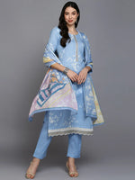 Cotton Blend Blue Printed Straight Kurta Pant-VKSKD1883_XS