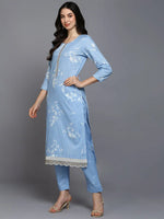 Cotton Blend Blue Printed Straight Kurta Pant-VKSKD1883_XS