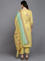 Cotton Blend Yellow Printed Straight Kurta Pant-VKSKD1892_XS