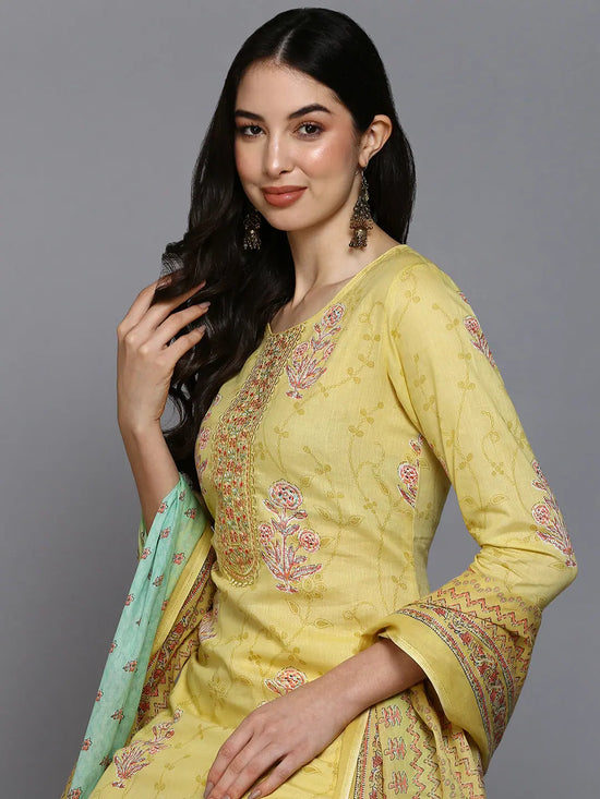 Cotton Blend Yellow Printed Straight Kurta Pant-VKSKD1892_XS