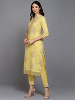 Cotton Blend Yellow Printed Straight Kurta Pant-VKSKD1892_XS