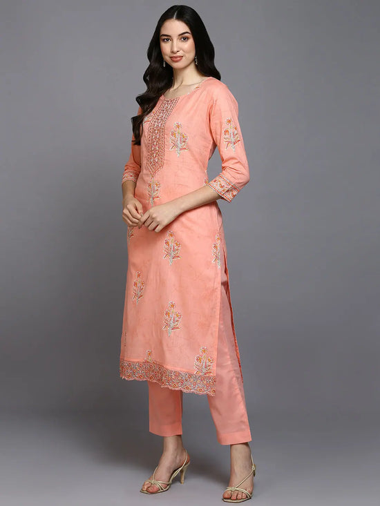 Cotton Blend Peach Printed Straight Kurta Pant-VKSKD1890_XS