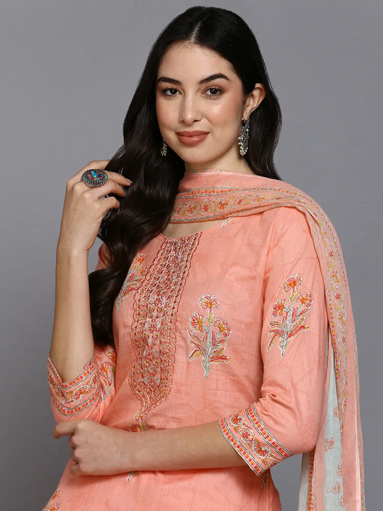 Cotton Blend Peach Printed Straight Kurta Pant-VKSKD1890_XS