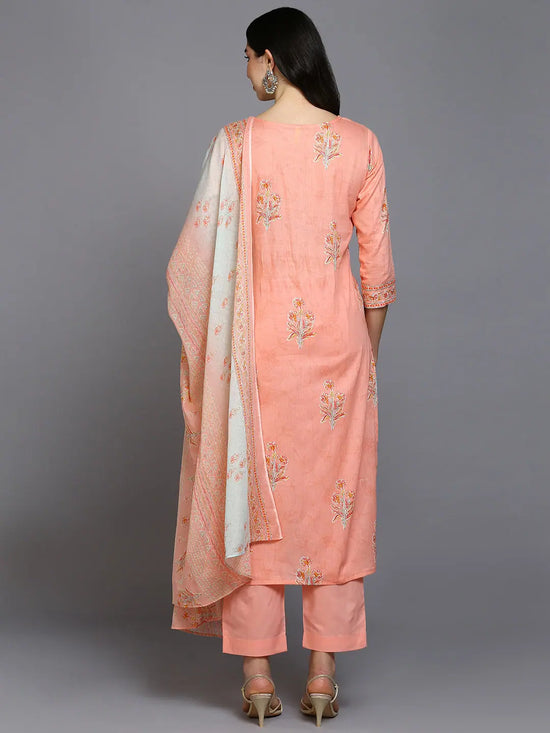 Cotton Blend Peach Printed Straight Kurta Pant-VKSKD1890_XS