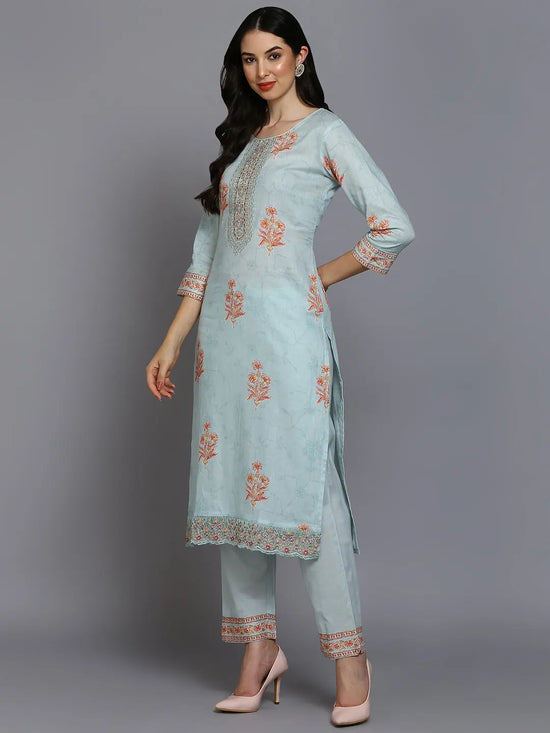 Cotton Blend Blue Printed Straight Kurta Pant-VKSKD1886_XS