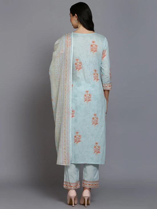 Cotton Blend Blue Printed Straight Kurta Pant-VKSKD1886_XS