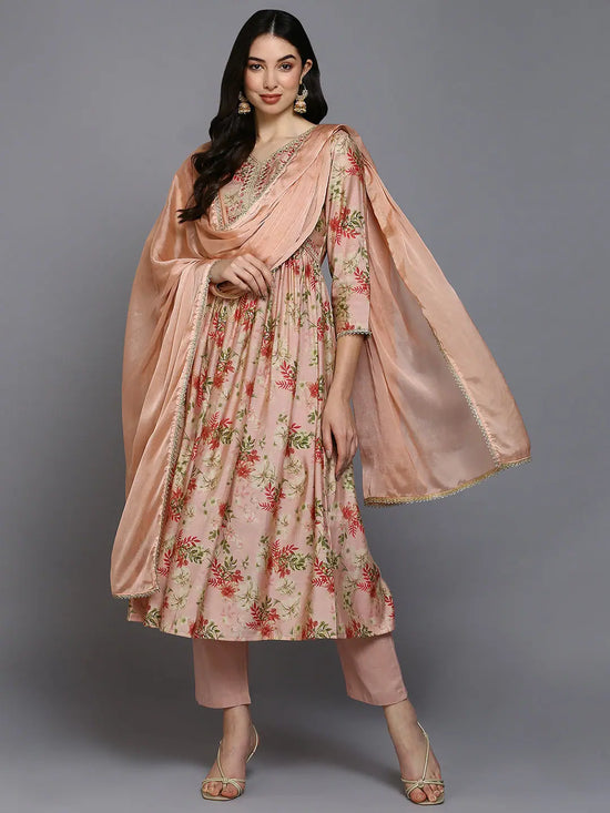 Silk Blend Floral Printed Flared Kurta Pant