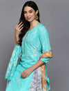 Cotton Blend Turquoise Blue Printed Straight Kurta