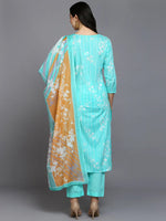 Cotton Blend Turquoise Blue Printed Straight Kurta