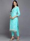 Cotton Blend Turquoise Blue Printed Straight Kurta