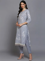 Cotton Blend Grey Printed Straight Kurta Pant