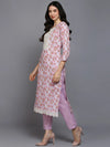 Cotton Blend Lavender Printed Straight Kurta Pant-VKSKD1905_XS