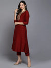 Silk Blend Maroon Embroidered Flared Kurta Pant