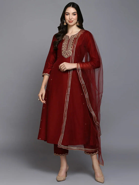 Silk Blend Maroon Embroidered Flared Kurta Pant