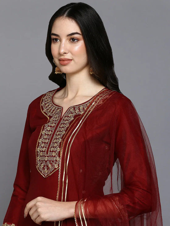 Silk Blend Maroon Embroidered Flared Kurta Pant