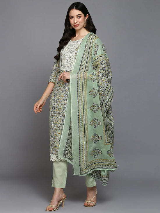 Cotton Blend Sea Green Printed Straight Kurta-VKSKD1900_XS