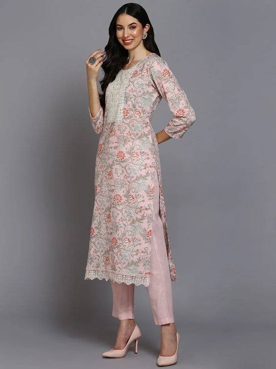 Cotton Blend Pink Printed Straight Kurta Pant-VKSKD1904_XS