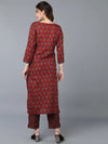 Cotton Blend Maroon Printed Straight Kurta With