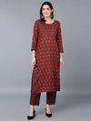 Cotton Blend Maroon Printed Straight Kurta With