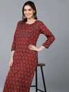 Cotton Blend Maroon Printed Straight Kurta With