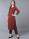 Cotton Blend Maroon Printed Straight Kurta With