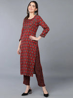 Cotton Blend Maroon Printed Straight Kurta With