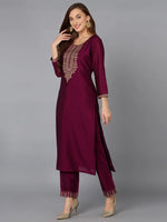 Silk Blend Wine Embroidered Kurta With Pant-VKSET1427_XS