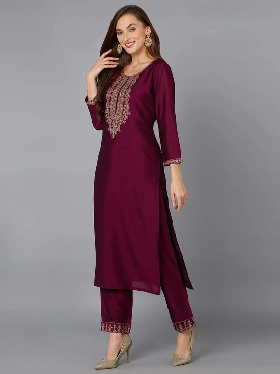 Silk Blend Wine Embroidered Kurta With Pant-VKSET1427_XS