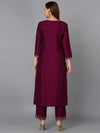 Silk Blend Wine Embroidered Kurta With Pant-VKSET1427_XS