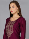 Silk Blend Wine Embroidered Kurta With Pant-VKSET1427_XS