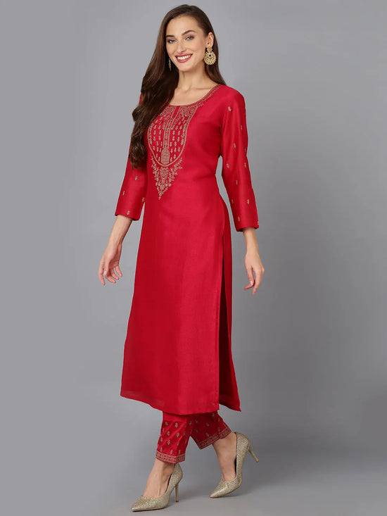 Silk Blend Rani Pink Embroidered Kurta With